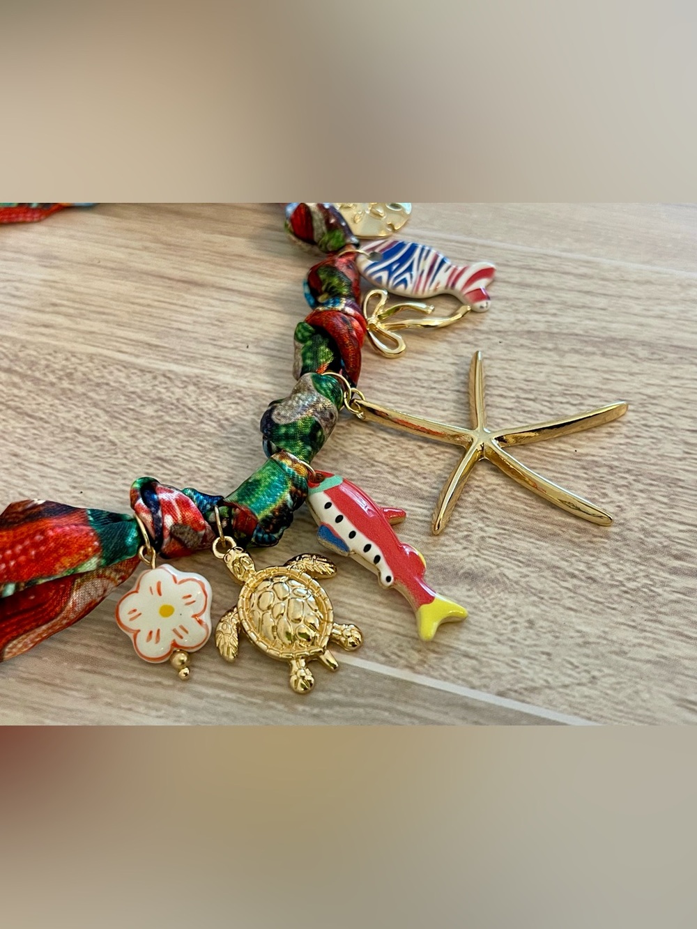 Colorful Tropical Charm Bandanna Necklace with Gold Starfish - Picture 5 of 8